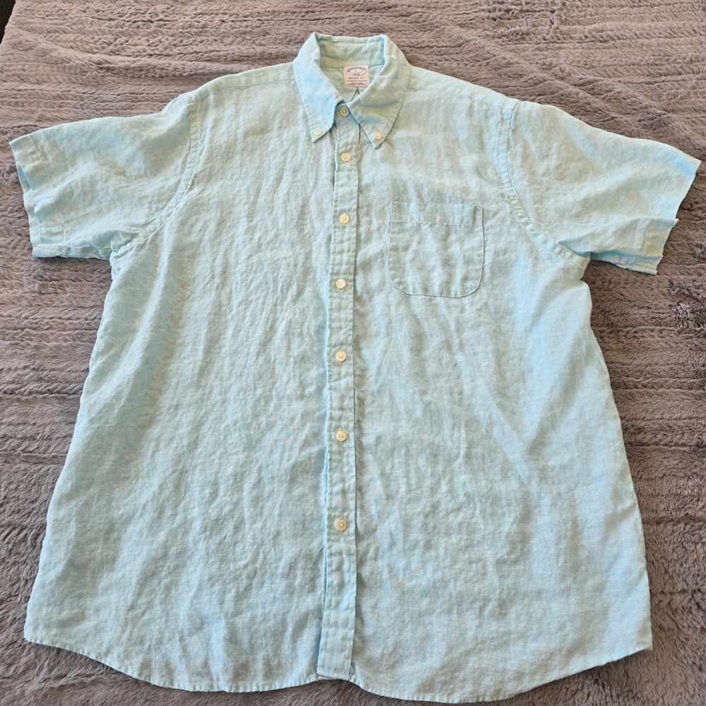 Brooks Brothers Regent Fit 100% Linen Short Sleeve Button Down Shirt Blue L - Picture 3 of 6